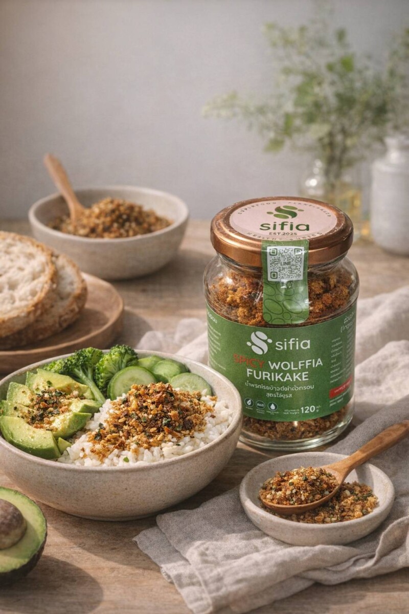 น้ำพริกโรยข้าวคั่วกรอบ สูตรไข่ผำ Spicy Wolffia Furikake จาก sifia 120กรัม ขวดแก้ว - Image 4