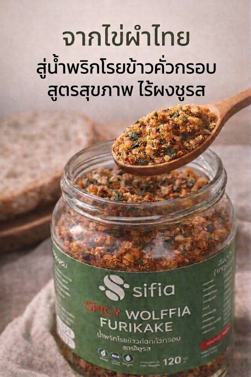 น้ำพริกโรยข้าวคั่วกรอบ สูตรไข่ผำ Spicy Wolffia Furikake จาก sifia 120กรัม ขวดแก้ว - Image 2